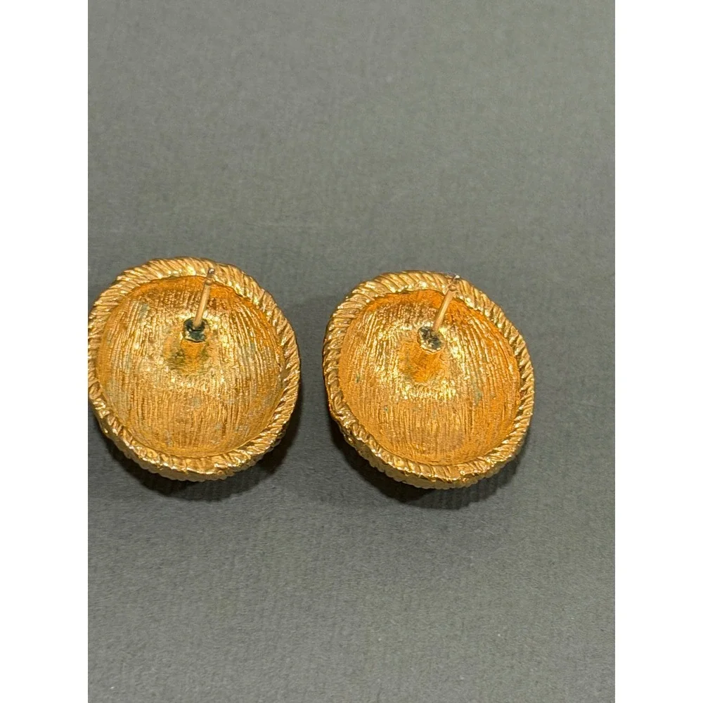 Vintage Gold Tone Button Earrings Twisted Rope Dome Studs Textured‎